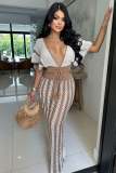 Sexy V-neck Hollow Out Striped Knit Long Skirt Set ZSD-Z0326