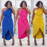 Solid Pleated Single Shoulder Split Long Dress NY-10828