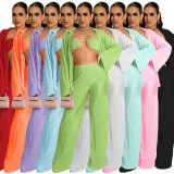 Solid Bra+Shirt+Wide Leg Pants 3 Piece Sets ME-8169