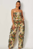 Sexy Tie Up Wrap And Tassel Pants Print 2 Piece Set ZSD-0684