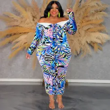 Plus Size One Shoulder Print Long Sleeve Maxi Dress GDAM-218509