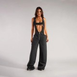 Zipper Loose Casual Denim Back Pants Jumpsuit GQLF-30025