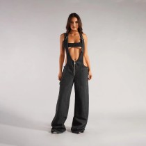 Zipper Loose Casual Denim Back Pants Jumpsuit GQLF-30025