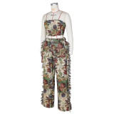 Sexy Tie Up Wrap And Tassel Pants Print 2 Piece Set ZSD-0684