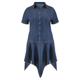 Plus Size Lapel Irregular Denim Midi Dress GDAM-218507