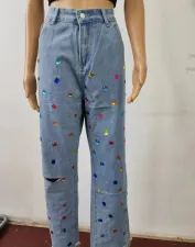 Plus Size Hot Drill Print Holes Loose Jeans GQLF-88882