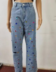 Plus Size Hot Drill Print Holes Loose Jeans GQLF-88882