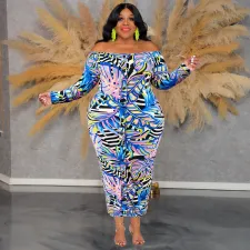 Plus Size One Shoulder Print Long Sleeve Maxi Dress GDAM-218509