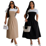 Color Block Short Sleeve Long Dress XHXF-416