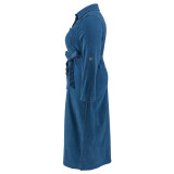 Plus Size Denim Lapel Belt Midi Dress GDAM-218602