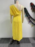 Solid Pleated Single Shoulder Split Long Dress NY-10828