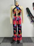 Printed Crossover Hanging Neck Backless Jumpsuit  NY-10823