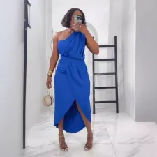 Solid Pleated Single Shoulder Split Long Dress NY-10828