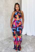 Printed Crossover Hanging Neck Backless Jumpsuit  NY-10823