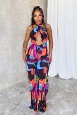 Printed Crossover Hanging Neck Backless Jumpsuit  NY-10823