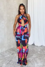 Printed Crossover Hanging Neck Backless Jumpsuit  NY-10823