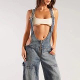 Zipper Loose Casual Denim Back Pants Jumpsuit GQLF-30025