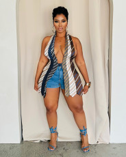 Backless Tie Up V Neck Patchwork Vest ZSD-0693