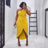 Solid Pleated Single Shoulder Split Long Dress NY-10828