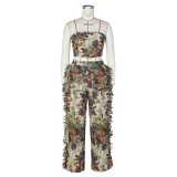 Sexy Tie Up Wrap And Tassel Pants Print 2 Piece Set ZSD-0684