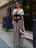 Sexy V-neck Hollow Out Striped Knit Long Skirt Set ZSD-Z0326