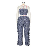 Sexy Tie Up Wrap And Tassel Pants Print 2 Piece Set ZSD-0684