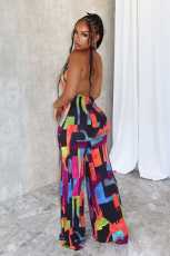 Printed Crossover Hanging Neck Backless Jumpsuit  NY-10823