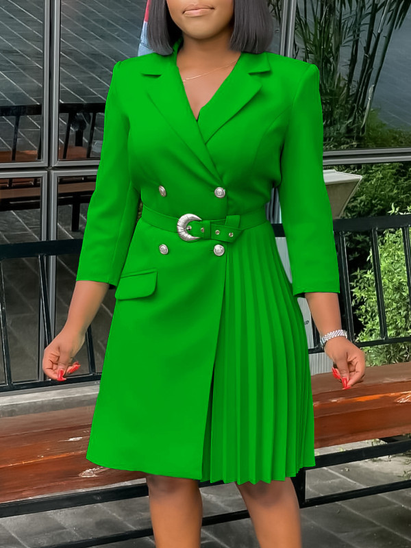 Waist Pleated Patchwork Belt Mid-length Suit Dress GMLF-3284