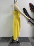 Solid Pleated Single Shoulder Split Long Dress NY-10828