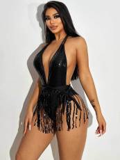 Deep V Neck Tassel Halter One Piece Swimsuit DYSC-DY23A1025YYB103013