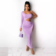 Fashion Split Drawstring Solid Color Maxi Dress OM-1788