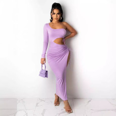 Fashion Split Drawstring Solid Color Maxi Dress OM-1788