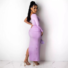 Fashion Split Drawstring Solid Color Maxi Dress OM-1788