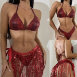 Sexy Tie Up Halter Tassel Sequin Bikinis Two Piece Swimsuit DYSC-DY22A250YYB111000
