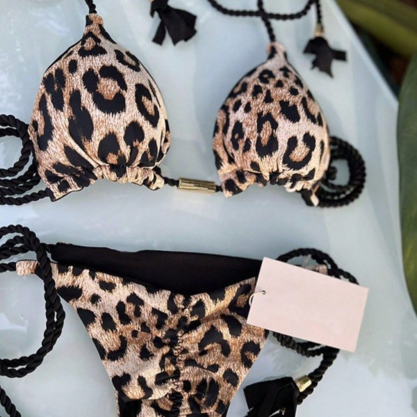 Leopard Print Bra Pads Skinny Tie Bikini Swimsuit DYSC-DY24A1561YYB052113