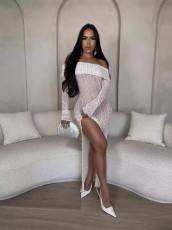 One Shoulder Lapel Tight Mesh Sexy Maxi Dress MOF-618