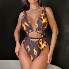Flame Print Cutout Deep V Tight One Piece Swimsuit DYSC-DY9108145