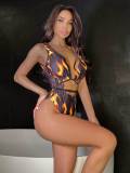 Flame Print Cutout Deep V Tight One Piece Swimsuit DYSC-DY9108145
