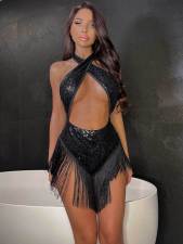 Sexy Tassel Patchwork Halter One Piece Swimsuit DYSC-DY23A1055YYB110413
