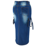 Plus Size Pockets Split Denim Long Skirt GDAM-218632