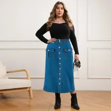Plus Size Denim Single Breasted Long Half-body Skirt GDAM-218609