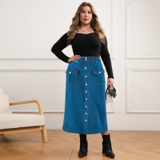 Plus Size Denim Single Breasted Long Half-body Skirt GDAM-218609