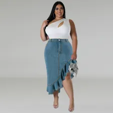 Plus Size Irregular Denim Half Skirt GDAM-218607