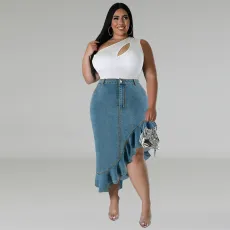 Plus Size Irregular Denim Half Skirt GDAM-218607