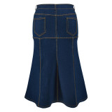 Plus Size Washed Zipper Denim Long Skirt GDAM-218630