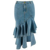 Plus Size Ruffle Irregular Denim Long Skirt GDAM-218634