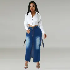 Plus Size Pockets Split Denim Long Skirt GDAM-218632