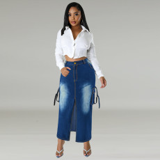 Plus Size Pockets Split Denim Long Skirt GDAM-218632