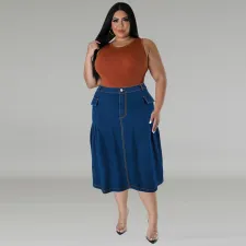 Plus Size Casual Loose Solid Denim Half Body Skirt GDAM-218608