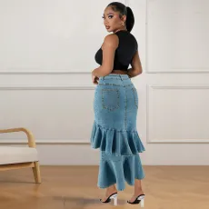 Plus Size Ruffle Irregular Denim Long Skirt GDAM-218634